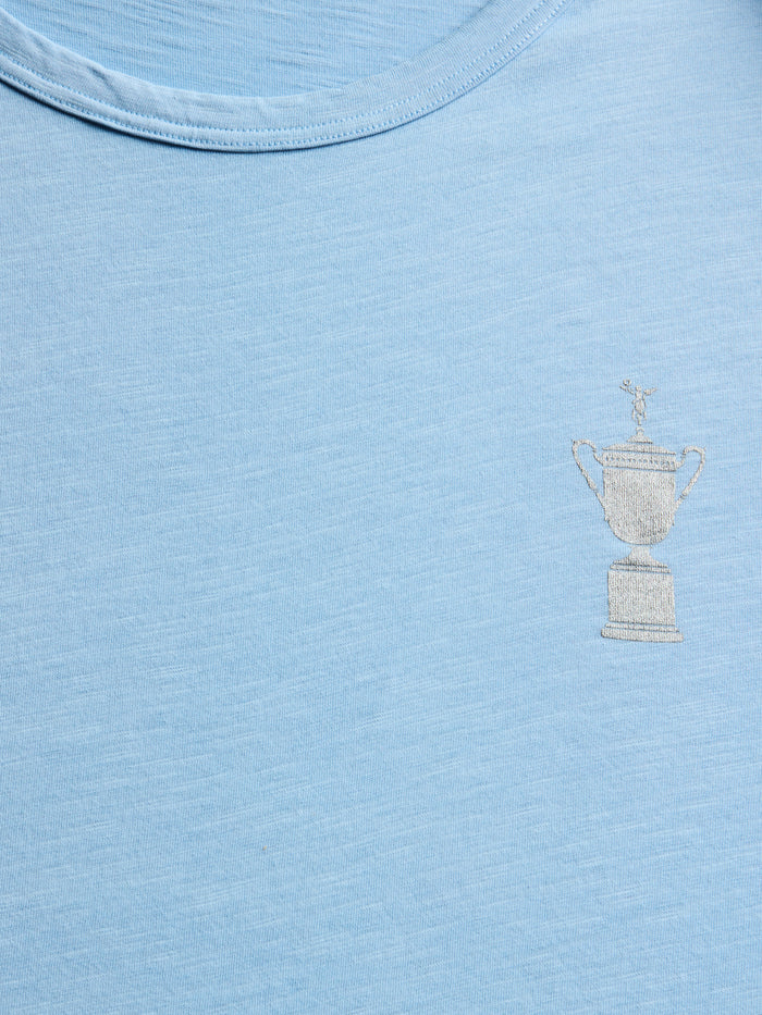 U.S. Open Trophy Embroidered Chest Graphic Close-Up on Wolf Blue Slub Cotton Tee | Greyson Clothiers
