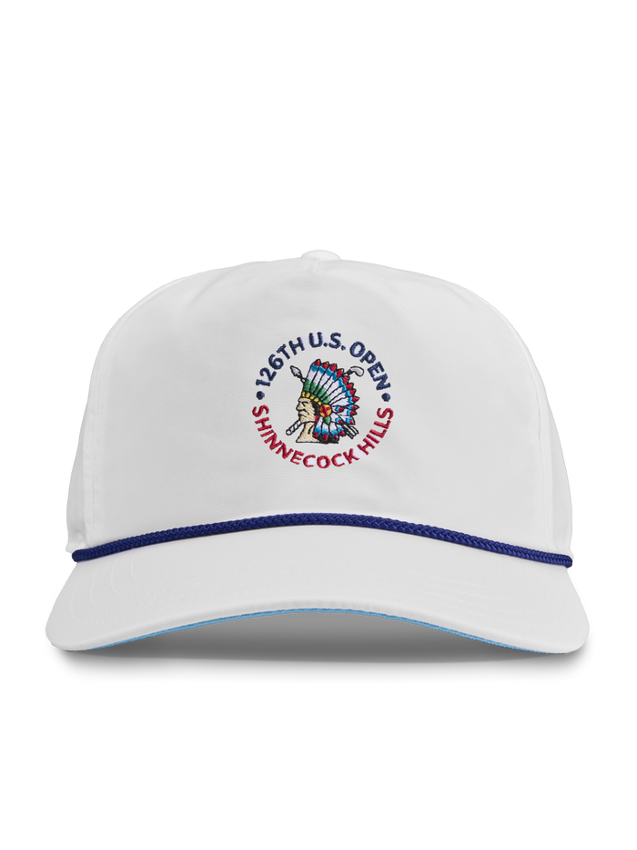 126th U.S. Open Shinnecock Hills Golf Rope Hat, White with Navy Rope Detail - Patch Close-Up | Greyson Clothiers