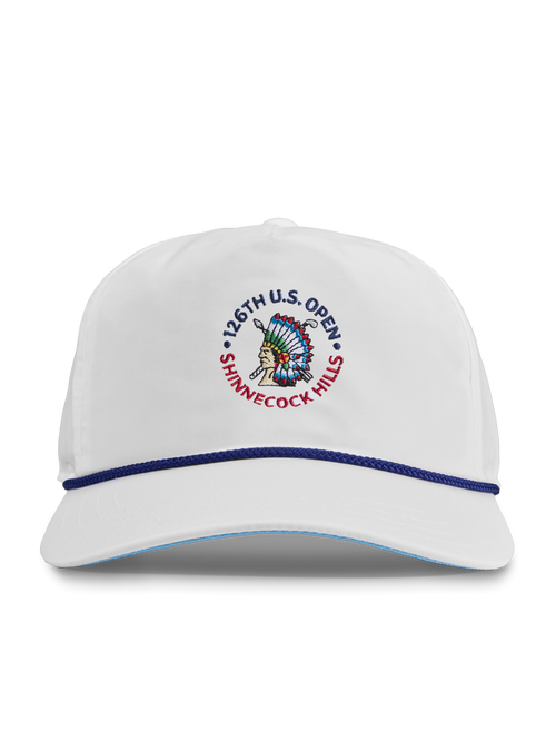 126th U.S. Open Shinnecock Hills Golf Rope Hat, White with Navy Rope Detail - Patch Close-Up | Greyson Clothiers