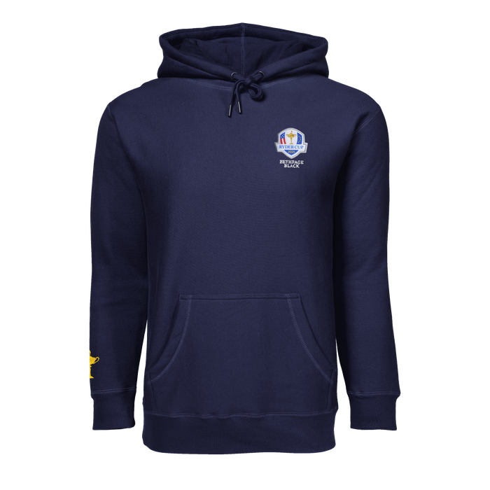 Maltese Blue 2025 Ryder Cup Fireside Hoodie - Front View, Bethpage Black Badge, Trophy Sleeve Detail | Greyson Clothiers