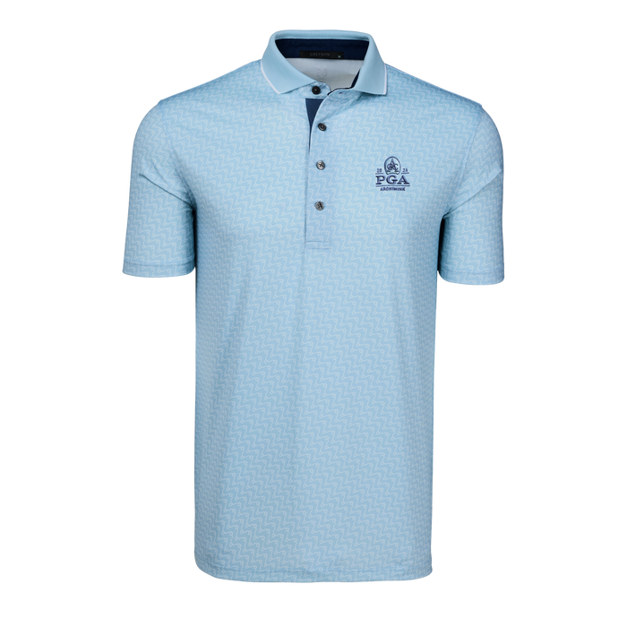 Wolf Blue Rogue River Golf Polo, Pixel Print & 2026 PGA Championship Logo - Front View | Greyson Clothiers