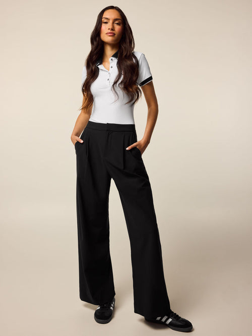 Black Greyson Clothiers 29.5" Phoenix Wide Leg Pleated Trouser - Full Length Front View On Model