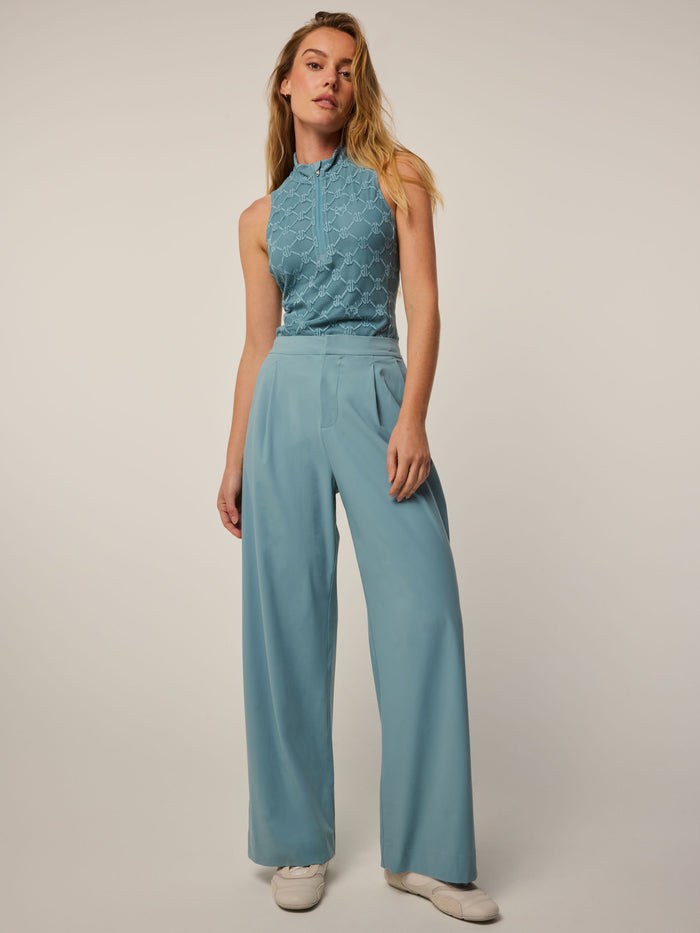 Agave Blue Greyson Phoenix Wide Leg Pleated Trouser - Full Length Front View On Model | Greyson Clothiers