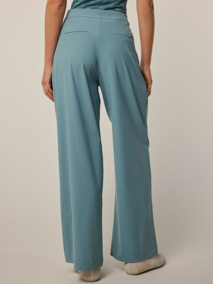 Agave Blue Greyson Phoenix Wide Leg Pleated Trouser - Back View, Clean Waistband On Model