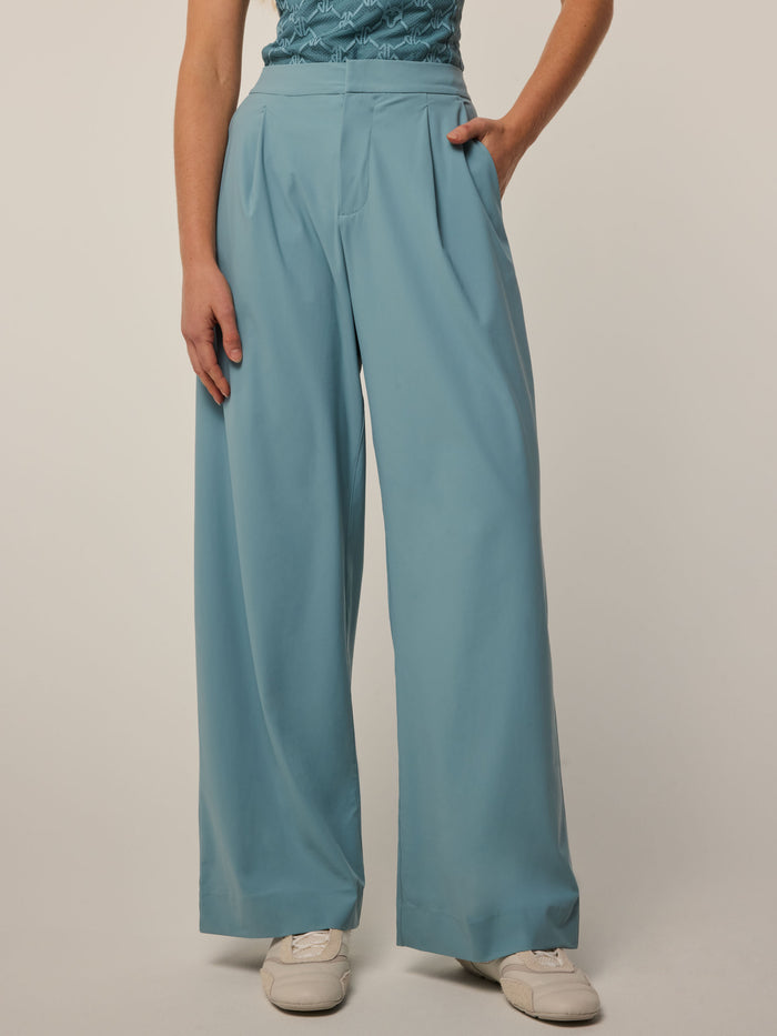 Agave Blue Phoenix Wide Leg Pleated Trouser - Cropped Front View, Pleat & Pocket Detail | Greyson Clothiers