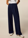Greyson Clothiers 30" Phoenix Wide Leg Trouser in Maltese Blue - Front View, High-Rise Pleated Waist On Model