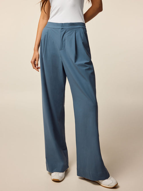 Greyson Clothiers 30" Phoenix Wide Leg Trouser in Vintage Indigo - Front Angle, Pleated High-Rise Trouser On Model
