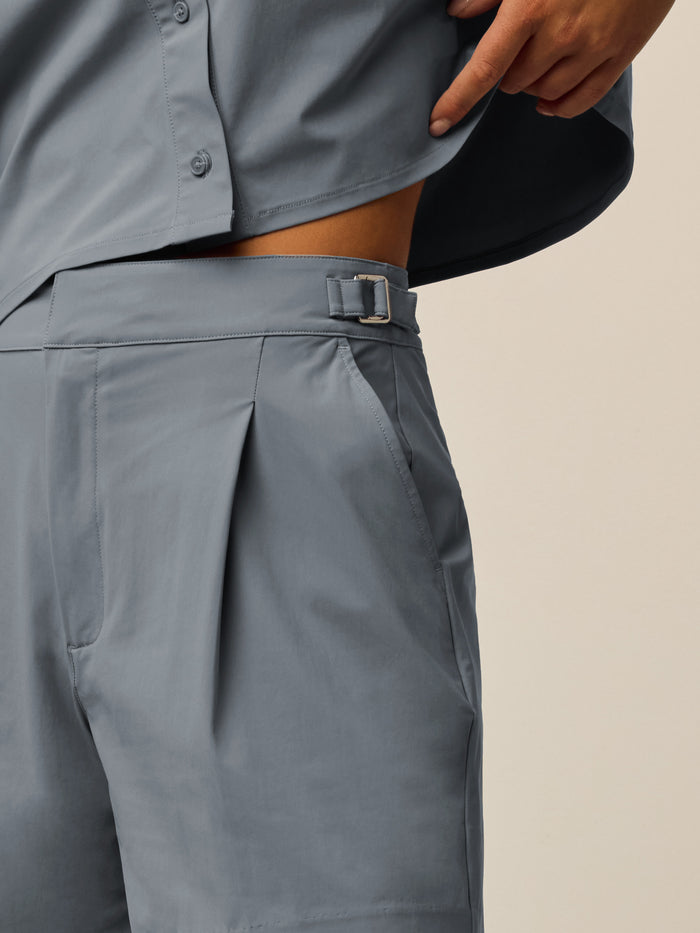 Bluestone 5" Phoenix Trouser Short - Adjustable Waistband Buckle & Pleat Detail Close-Up | Greyson Clothiers