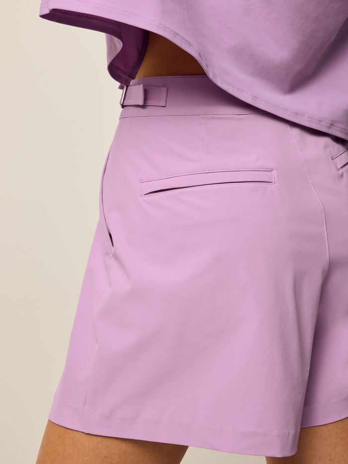 Wisteria 6.5" Phoenix Trouser Short - Close-Up Back Pocket & Adjuster Buckle Detail | Greyson Clothiers