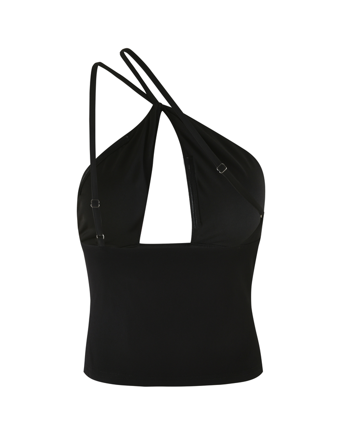 The ACADIA TOP - BLACK by TIGERMIST is a halter neck crop with thin double shoulder straps, a chest keyhole cutout, and an asymmetric neckline, shown against a white background.