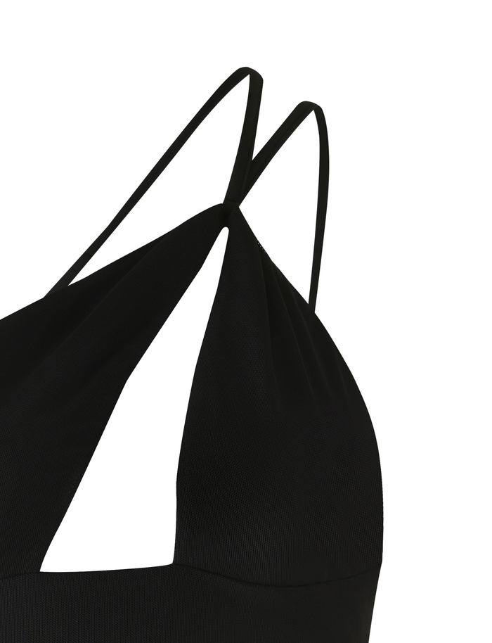 Close-up of the TIGERMIST ACADIA TOP in black, featuring thin shoulder straps and a deep V-neckline. Its smooth, fitted mesh fabric creates a sleek look against the white background.