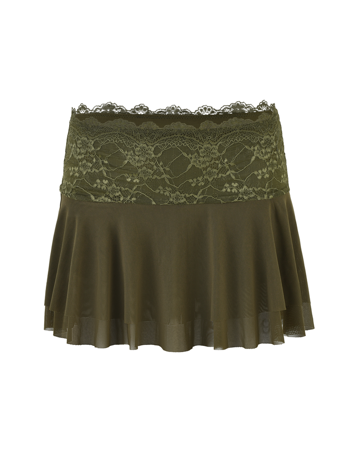 The ADELINA MINI SKIRT by TIGERMIST features a khaki green hue with a wide lace waistband and flowy hem. Made from high-stretch fabric, its delicate lace detail gives this solid mini skirt a feminine touch.