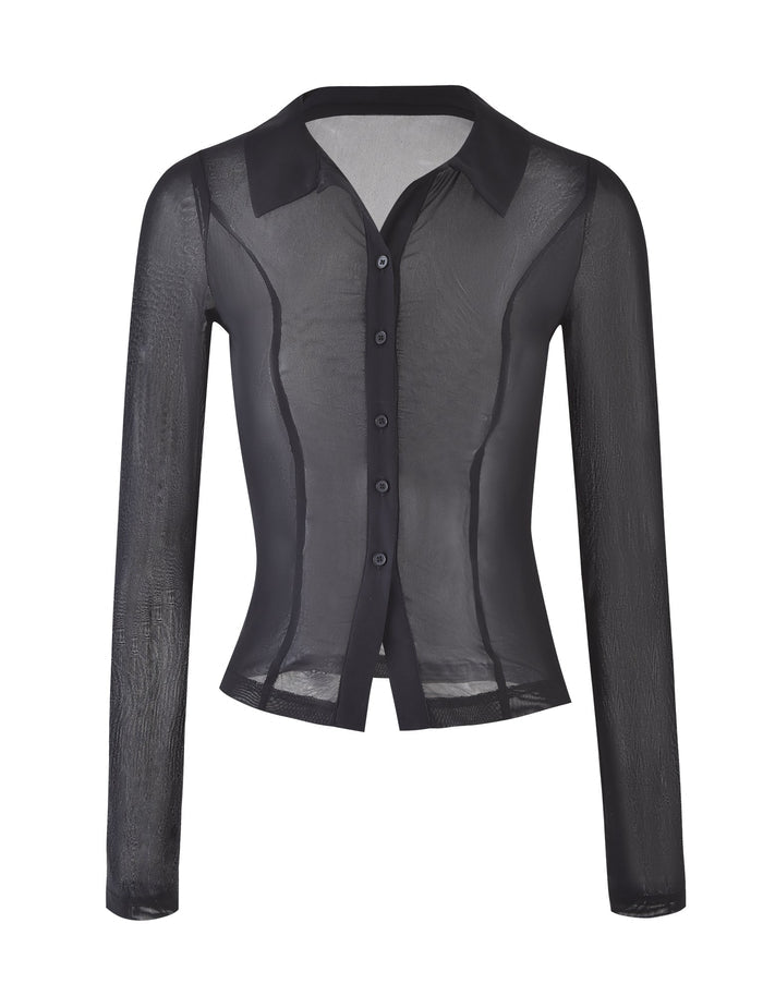 The AHLING LONG SLEEVE TOP - BLACK by TIGERMIST is a long-sleeved, semi-transparent blouse featuring a button-down front and a classic collar. It boasts a fitted design with visible vertical seams for added detail, highlighting its bodycon silhouette.