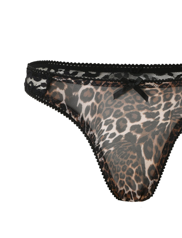 The ALANIS SET - NEUTRAL: LEOPARD by TIGERMIST features a pair of women's panties adorned with a leopard print pattern and elegant black lace trim. A small black bow graces the center of the waistband, while the high stretch fabric offers a sheer appearance with a delicate, decorative design.