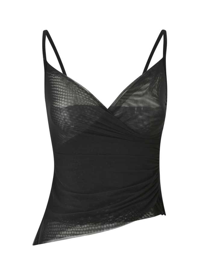 The ALDEANA TOP - BLACK by TIGERMIST is a chic black mesh camisole with thin straps, a deep V-neck, asymmetric hem, and side ruching. Inspired by 90s mesh tanks, its sheer fabric adds a modern and elegant touch.