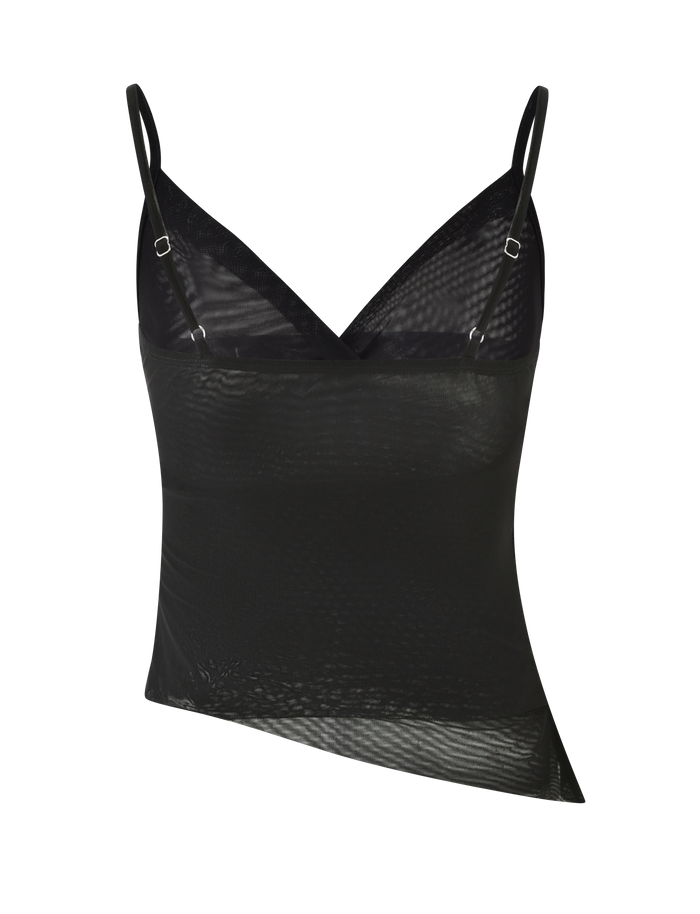 The TIGERMIST ALDEANA TOP - BLACK is a sheer camisole with thin adjustable straps and an asymmetrical hem, inspired by 90s mesh tanks, shown against a white background.