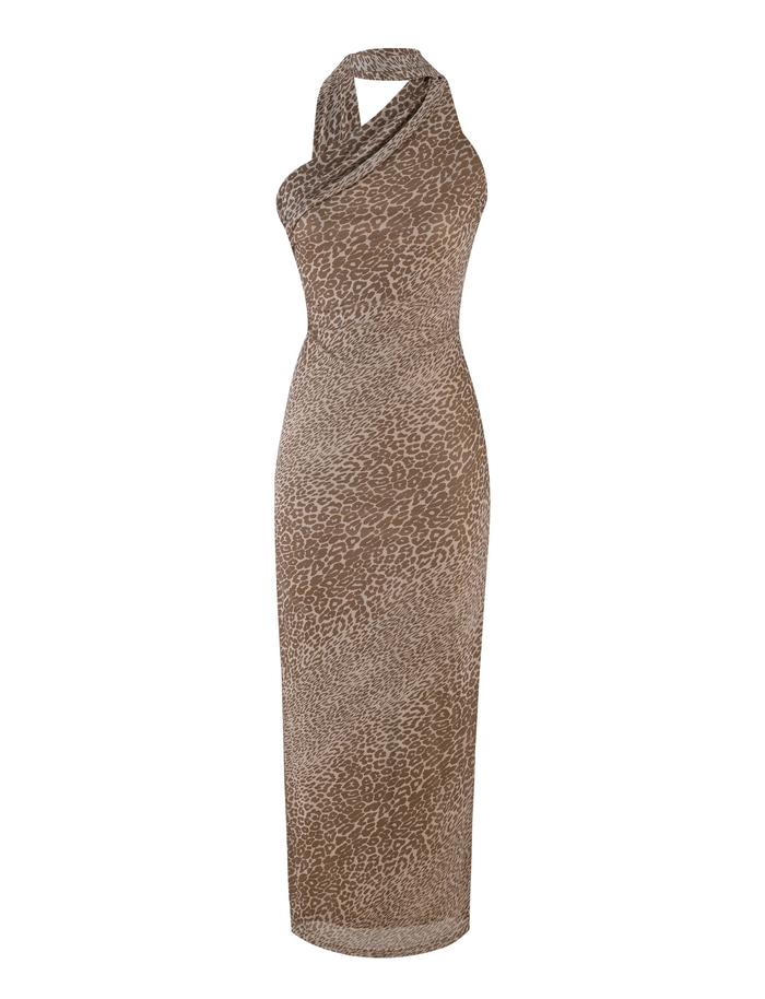 The TIGERMIST ALLIRA MAXI DRESS - NEUTRAL : LEOPARD is a sleeveless halter-neck maxi with a brown and beige leopard print, stretch fabric, and fitted silhouette for a flattering look.