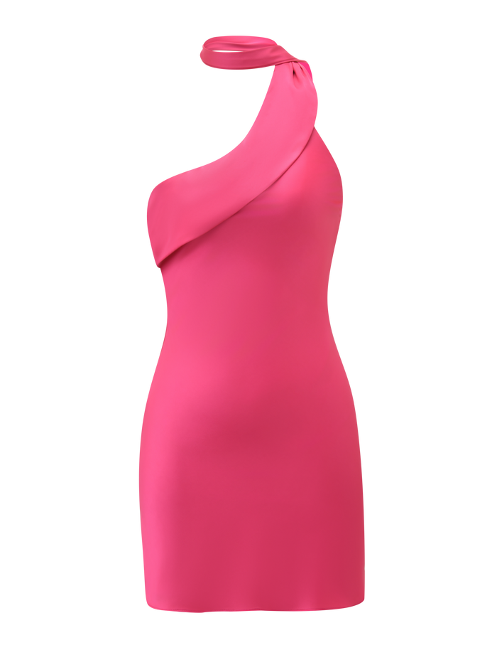 The TIGERMIST ALLIRA MINI DRESS 2.0 in bright pink is a sleeveless, fitted mini dress with an asymmetrical single-shoulder draped neckline, showcased on a plain white background.