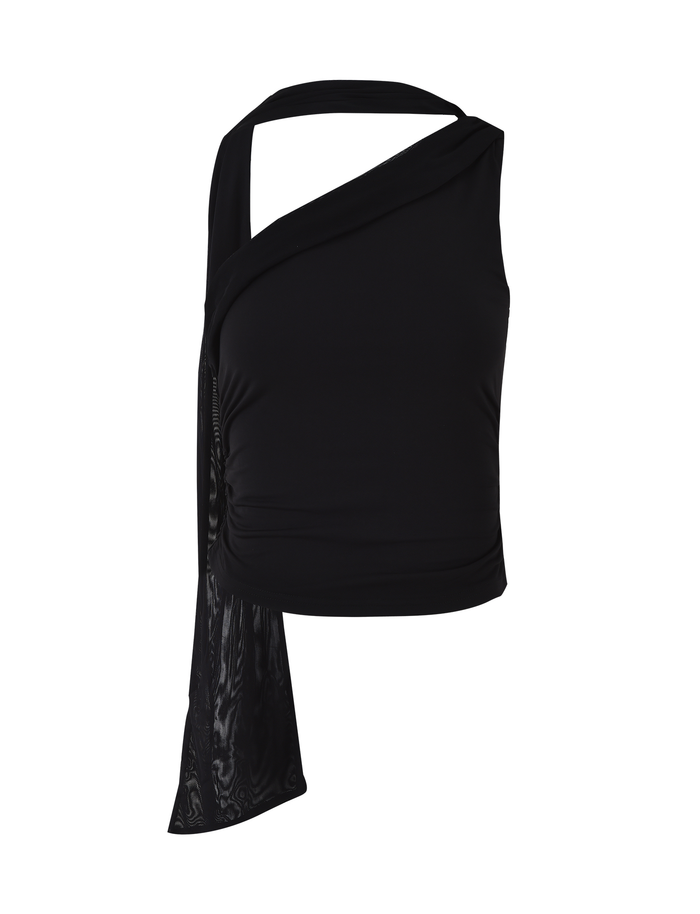 The ALLIRA TOP - BLACK by TIGERMIST is a sleeveless, stretchy one shoulder top with an asymmetrical draped accent and single strap, shown against a white background.