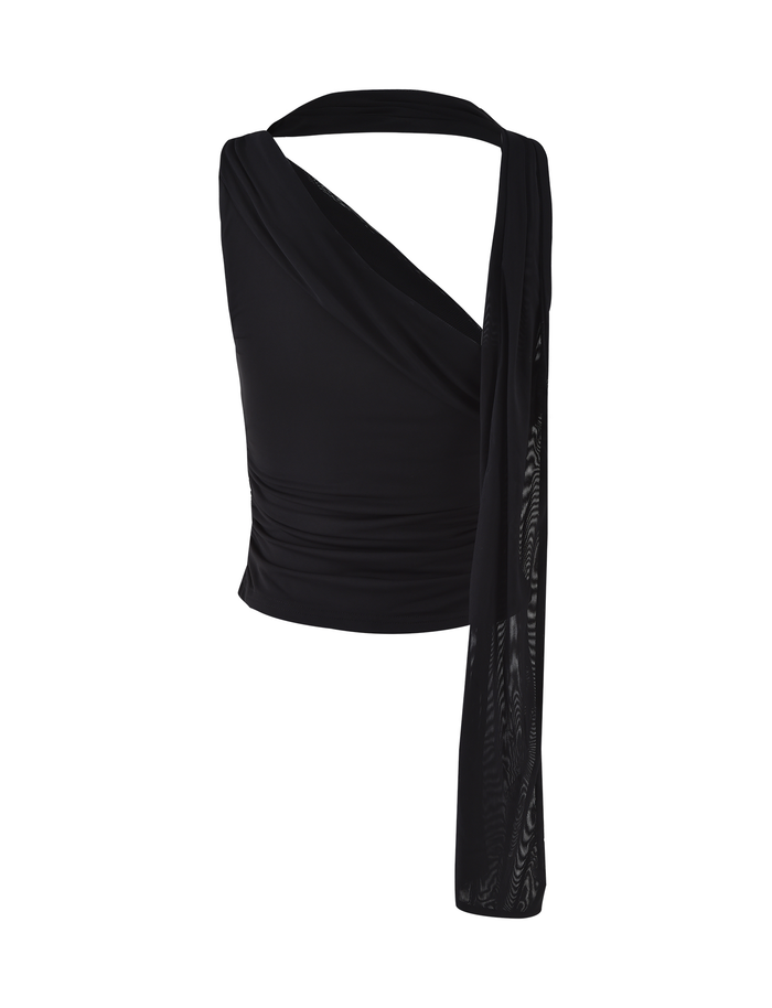 The TIGERMIST ALLIRA TOP - BLACK is a chic jersey tank with an asymmetrical neckline, single wide draped strap, bodycon fit, and smooth fabric.
