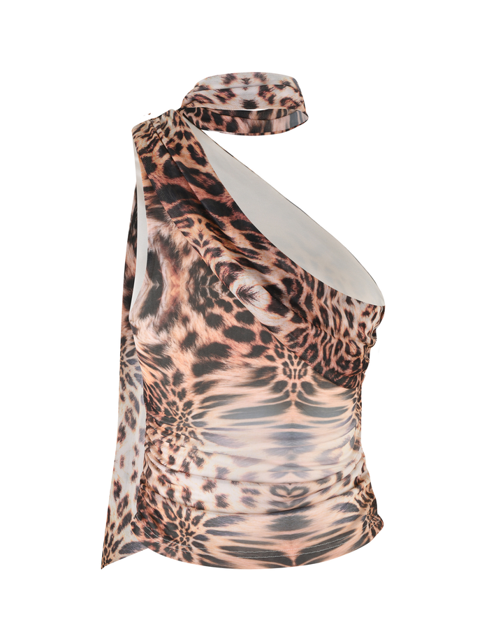 The ALLIRA TOP - NEUTRAL : LEOPARD HAZE by TIGERMIST is a sleeveless, one-shoulder bodycon top with an asymmetrical silhouette and draped detail in bold leopard print. Its stretchy fabric flatters your shape for a striking look.