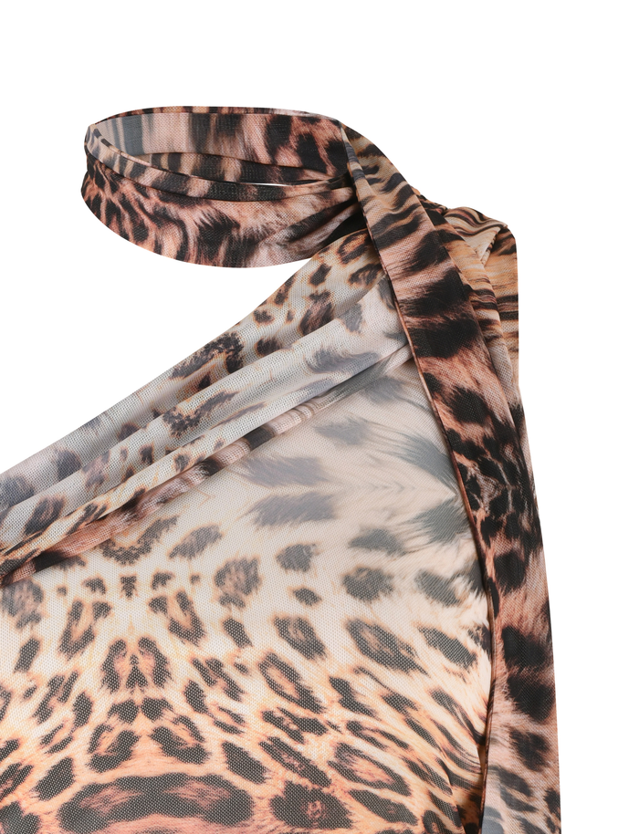Close-up of the ALLIRA TOP - NEUTRAL : LEOPARD HAZE by TIGERMIST, a brown and black leopard print tank with sheer fabric and a tied strap detail near the neckline.