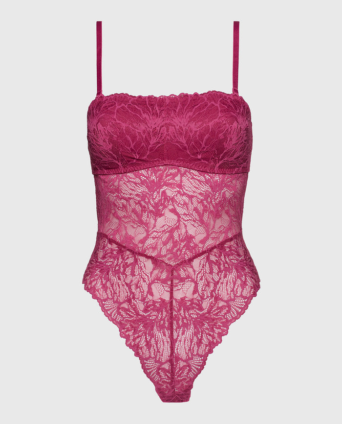Allover Lace Open Back Bodysuit in Electric Rouge