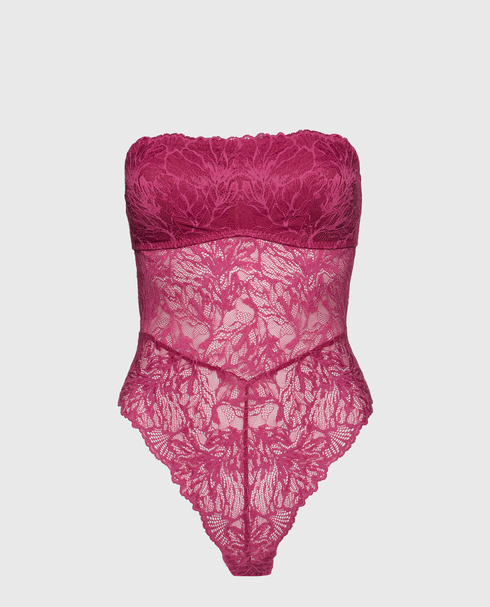 Allover Lace Open Back Bodysuit in Electric Rouge