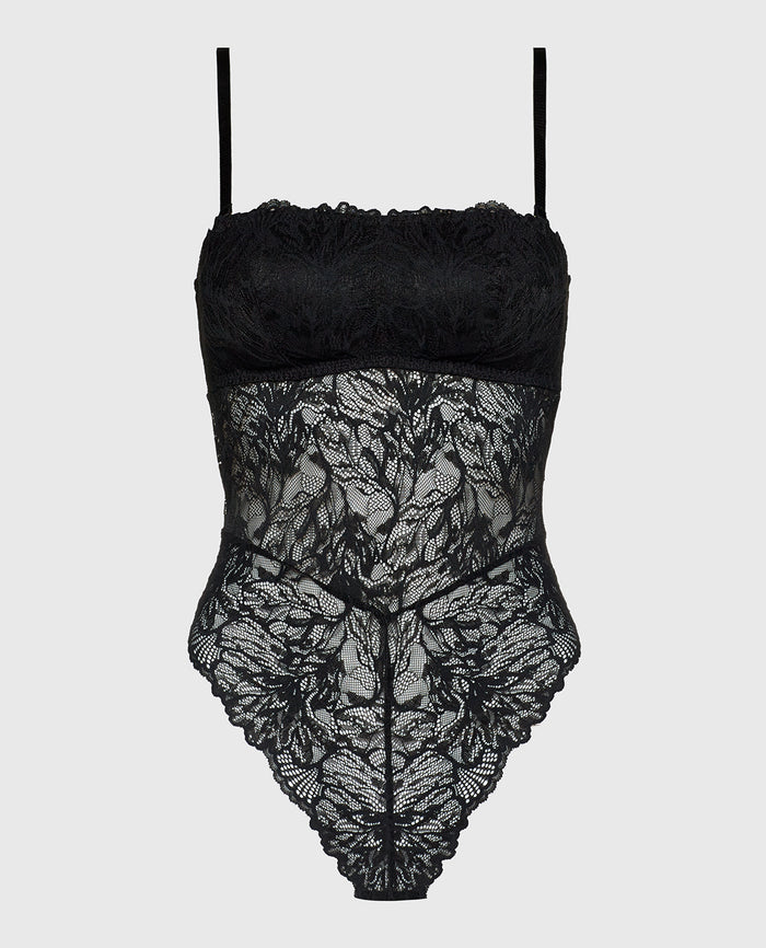 Allover Lace Open Back Bodysuit in Tuxedo Black