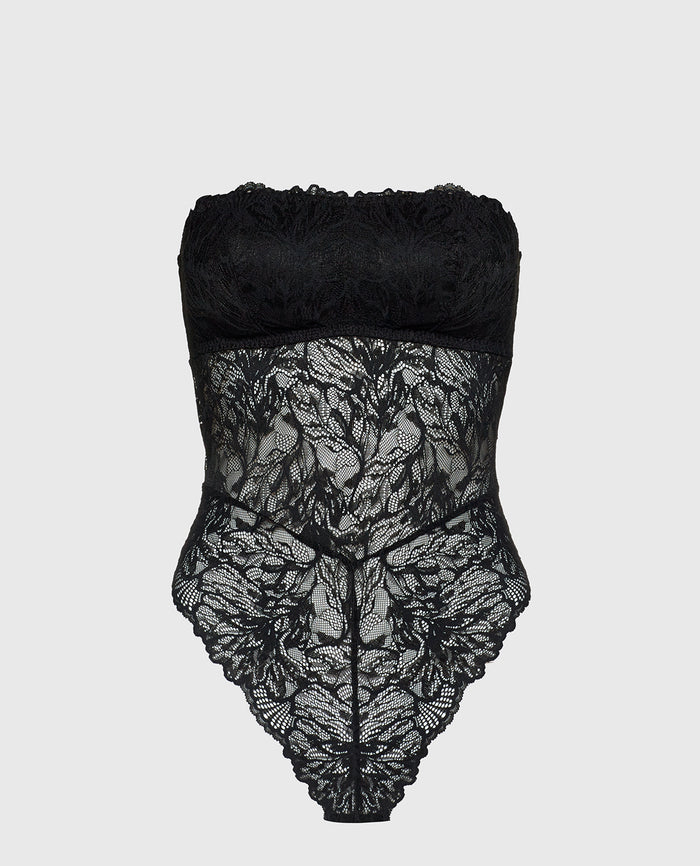 Allover Lace Open Back Bodysuit in Tuxedo Black