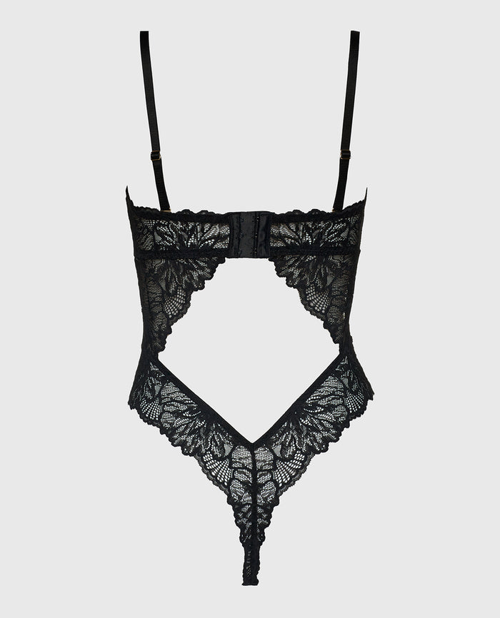 Allover Lace Open Back Bodysuit in Tuxedo Black