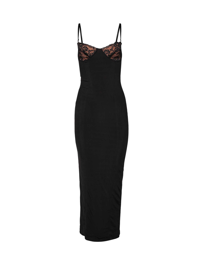 The TIGERMIST ALLURA MAXI DRESS in black features a form-fitting, sleeveless design with thin spaghetti straps and lace bra cups at the bust. This bodycon dress is shown on a plain white background.