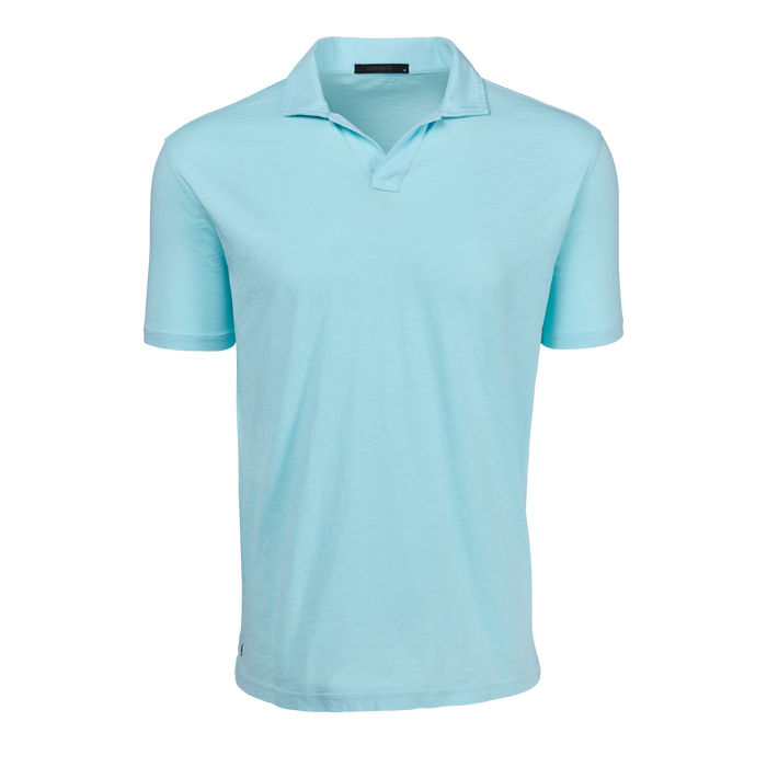 Maltese Blue Cotton Slub Men's Johnny Collar Polo - Front View, open placket | Greyson Clothiers