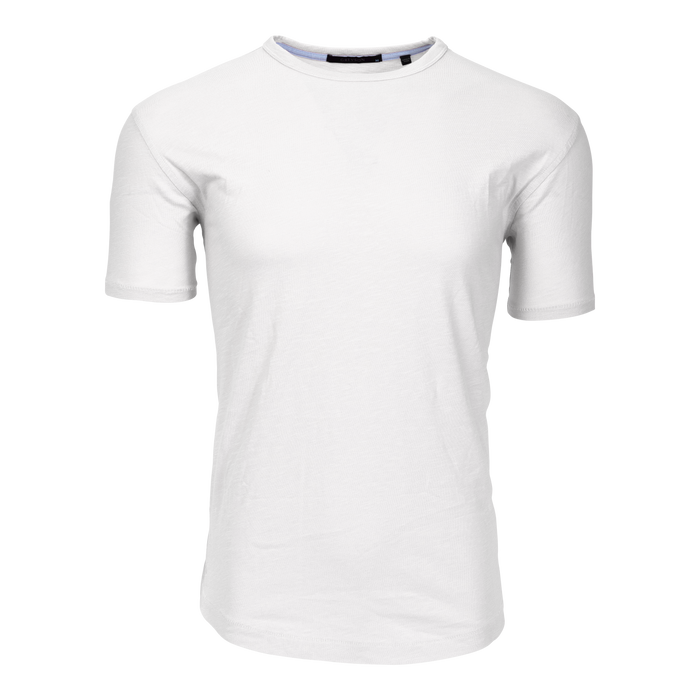 Arctic White Alpha Slub Short Sleeve Tee in Arctic - Crewneck Detail Front View | Greyson Clothiers