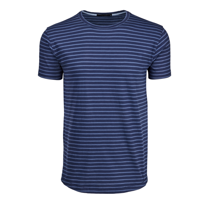 Maltese Blue/Light Maltese Blue Alpha Slub Striped Cotton Tee - Front View | Greyson Clothiers