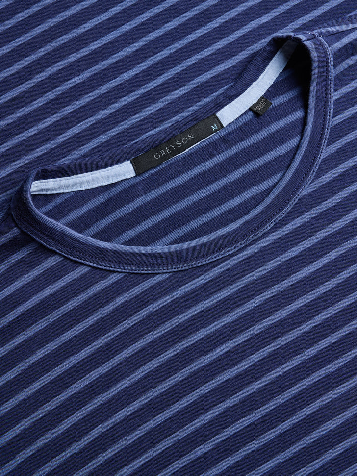 Maltese Blue Striped Slub Tee - Crew Neck & Greyson Interior Label Close-Up | Greyson Clothiers