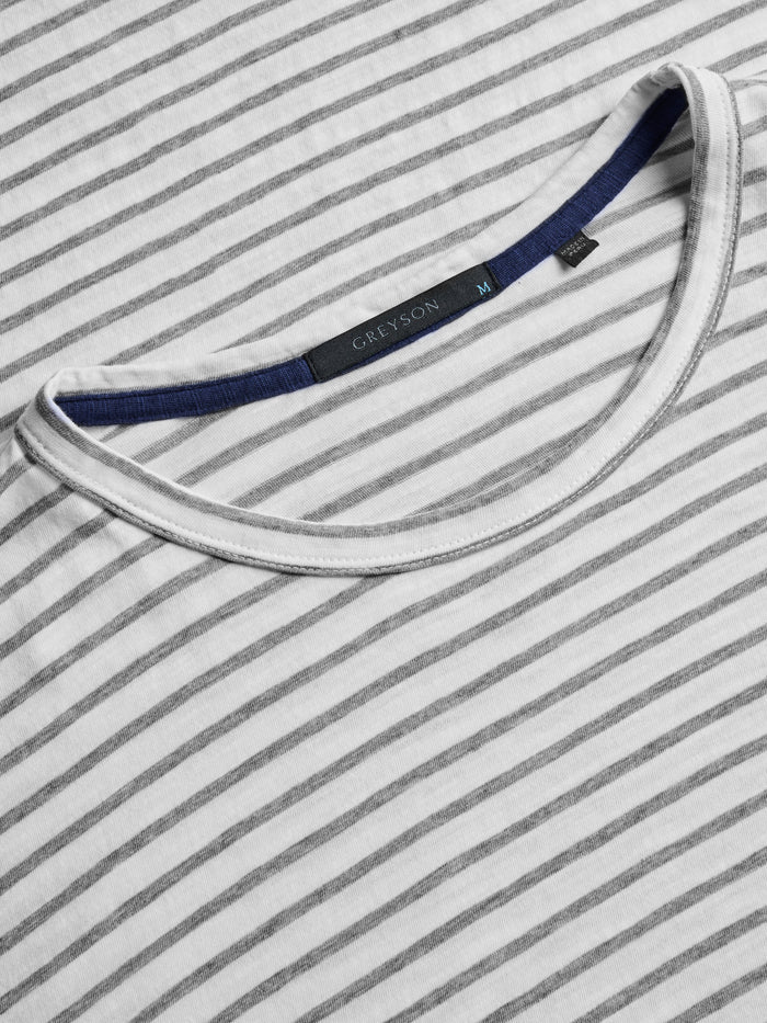 Light Grey Heather Striped Tee - Crew Neck, Navy Interior Taping & Greyson Label Detail | Greyson Clothiers