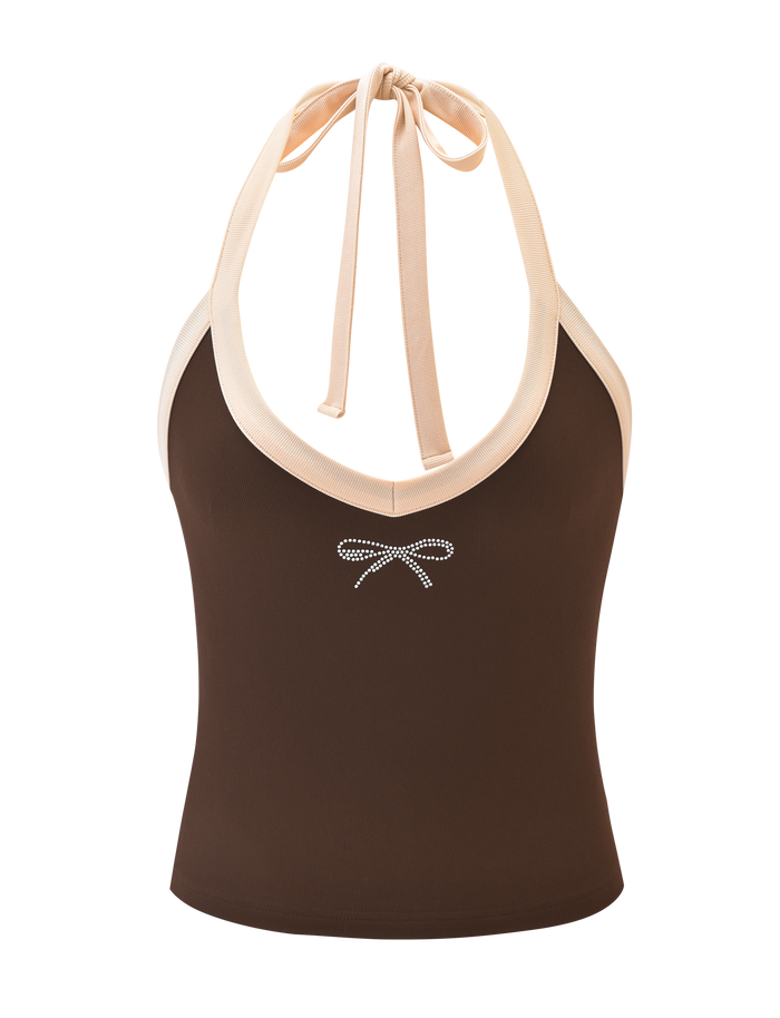 The ALYSIA TOP - CHOCOLATE by TIGERMIST is a ribbed, chocolate brown halter neck top with cream tie straps and a rhinestone bow accent at the front center.