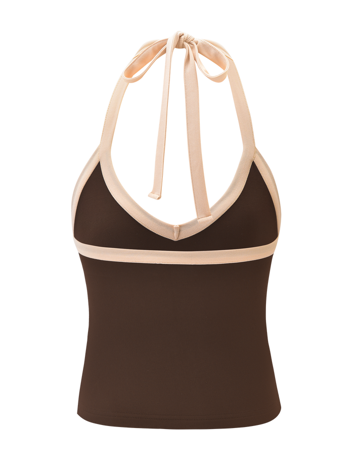 The ALYSIA TOP - CHOCOLATE by TIGERMIST is a ribbed, chocolate brown halter neck top with light beige trim and a bow at the neck, showcasing a deep neckline and fitted silhouette.