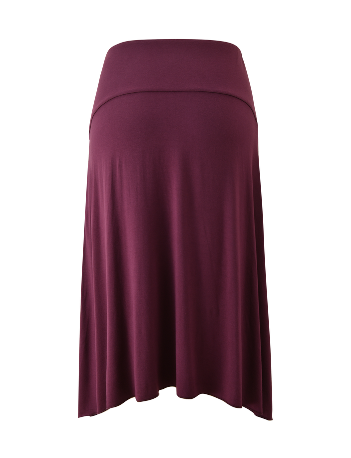 The TIGERMIST ALYSSA HI LO SKIRT in plum is a burgundy midi maternity skirt featuring a fold-over waistband and asymmetrical hem, shown on a plain white background.