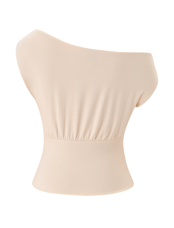 The TIGERMIST ALYSSA OFF SHOULDER TOP in cream features a fitted, corseted waist and gently gathered fabric below the bust, shown against a plain white background.