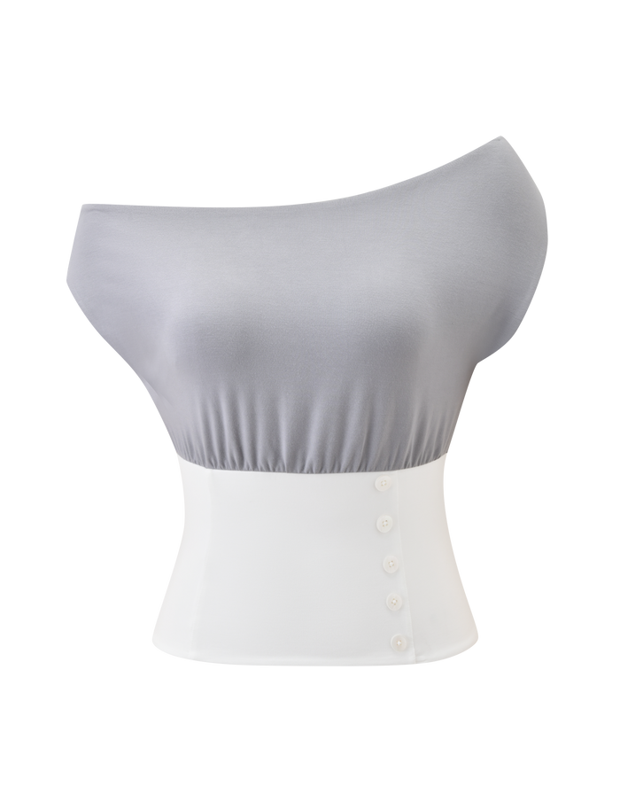 The TIGERMIST ALYSSA OFF SHOULDER TOP - GREY features a ruched upper, corseted waist, and decorative side buttons. Its white and grey palette stands out against the plain background, showcasing chic modern style.
