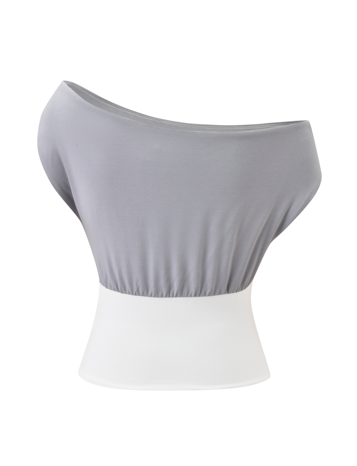 The TIGERMIST ALYSSA OFF SHOULDER TOP - GREY is a sleeveless, off-shoulder top with a loose light grey upper and a fitted white corset-style waist, shown against a white background.