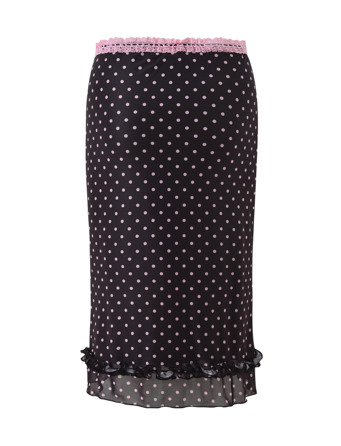 The TIGERMIST AMARA MIDI SKIRT in black features small pink polka dots, a lace trim waistband, and a ruffled hem for extra charm.