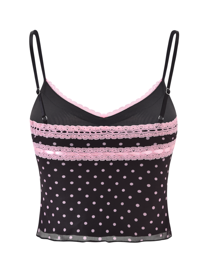 The AMARA TOP - BLACK by TIGERMIST features a stylish printed mesh design with white polka dots, thin straps, and pink lace trim along the neckline and chest for a playful yet chic look.