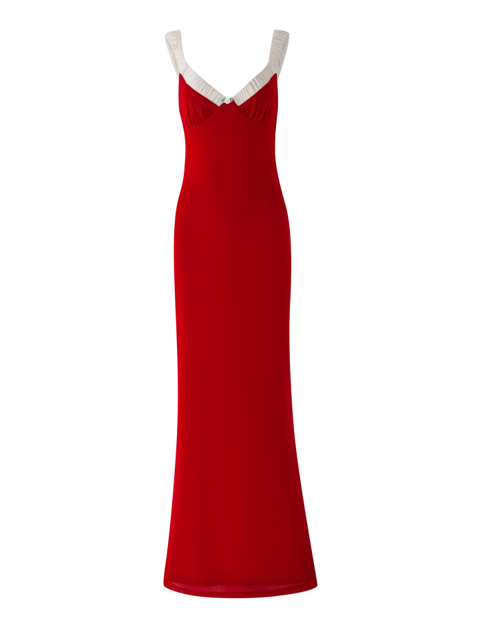 The TIGERMIST AMARAN MAXI DRESS - RED : BURGUNDY has a bodycon silhouette, white pleated straps, and a sleeveless, floor-length design. Shown in rich burgundy on a plain white background.