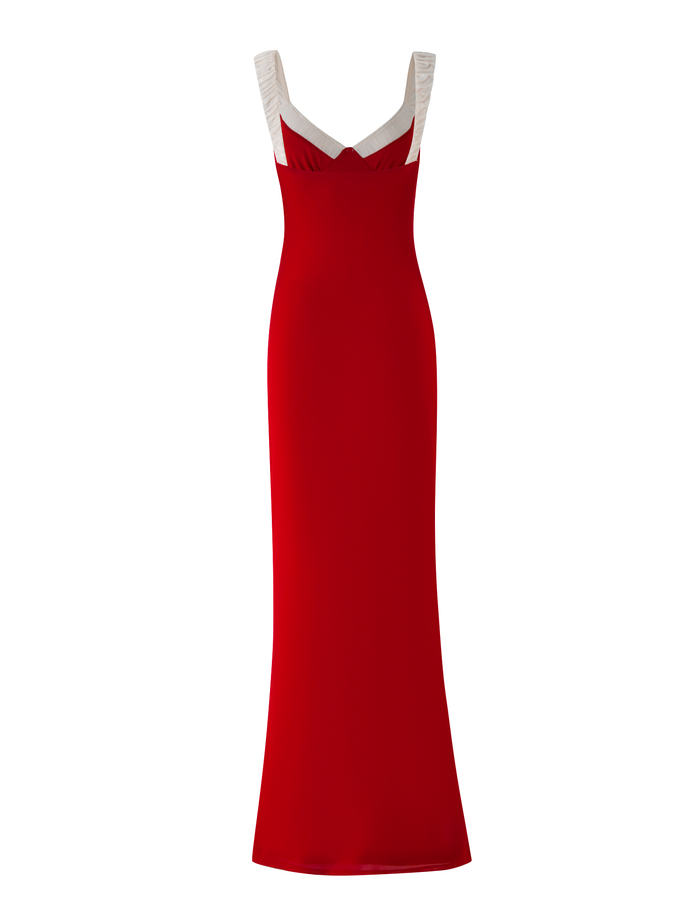 The TIGERMIST AMARAN MAXI DRESS - RED : BURGUNDY is a long, sleeveless bodycon dress with contrasting white straps and neckline, shown against a plain white background.