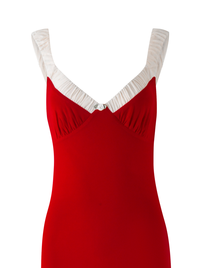 The TIGERMIST AMARAN MAXI DRESS - RED : BURGUNDY is a sleeveless maxi with a deep V-neckline, white trim, and gathered details, displayed against a white background.