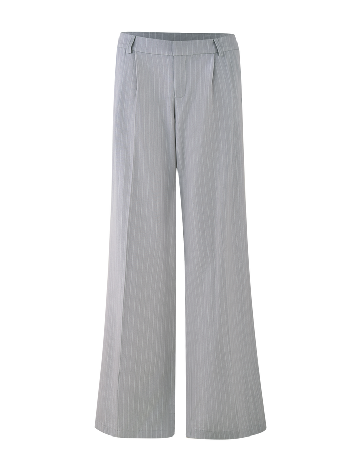 The TIGERMIST AMBERLY SUIT PANT in grey pinstripe features a high waist, wide-leg silhouette, belt loops, tailored fit, and premium suiting fabric, shown laid flat on a neutral background.