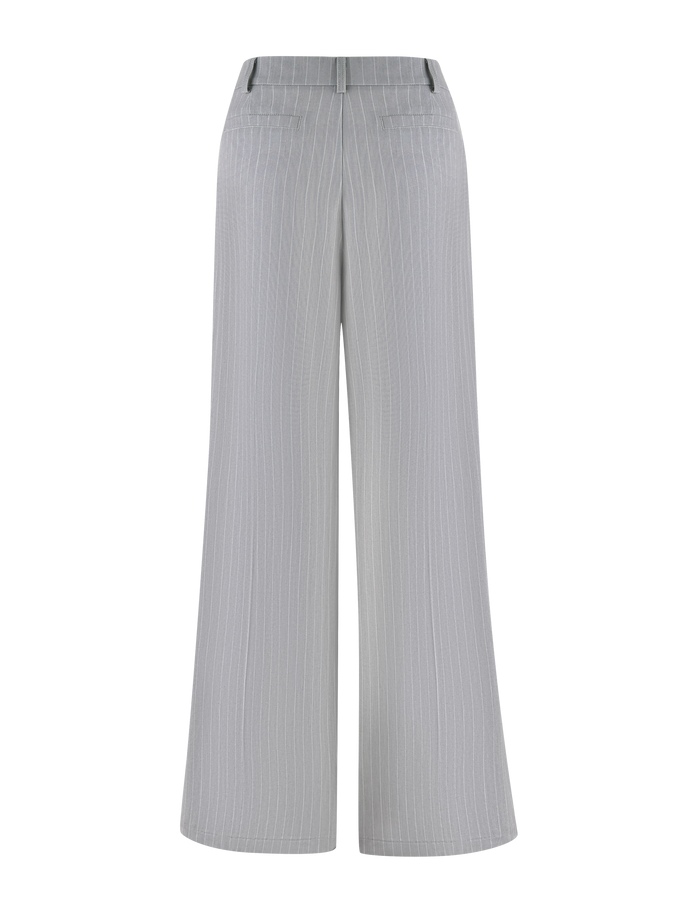Back view of TIGERMIST AMBERLY SUIT PANT in grey pinstripe, high-waisted with wide legs, crafted from suiting fabric and featuring thin white stripes plus two rear welt pockets.
